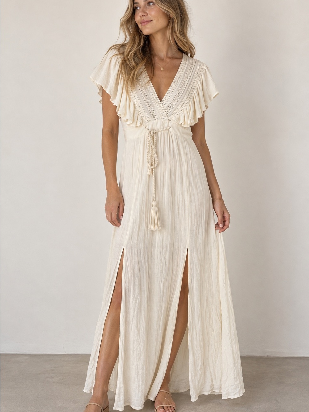 Baltic Born Ivory Lace Ruffle Flutter Sleeve Maxi Dress Size M Boho